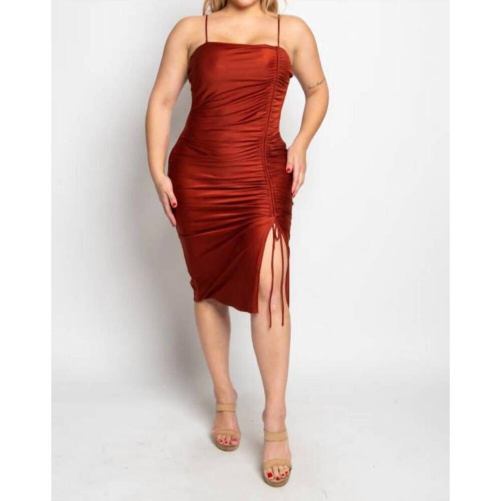 NEW BLUEBELL ruched mini dress in rust